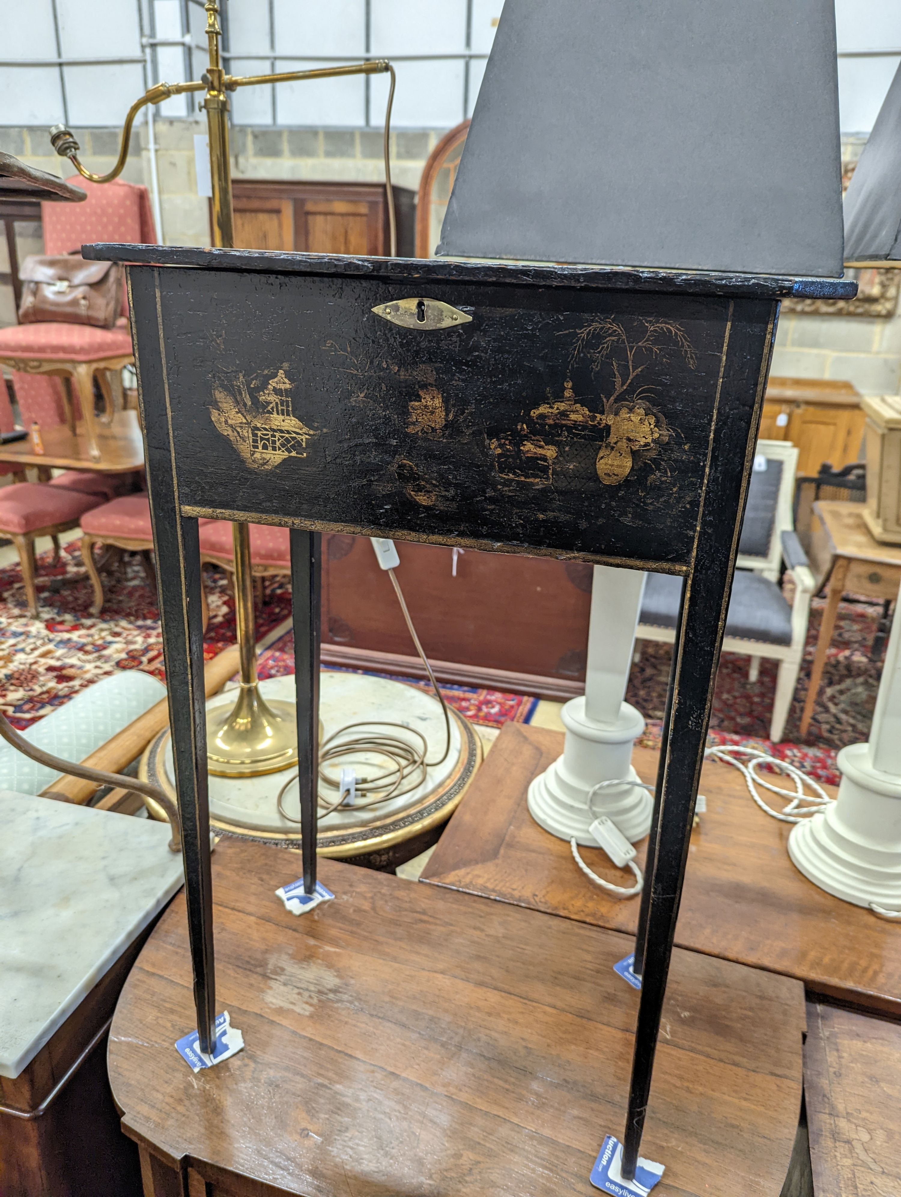 A 19th century painted and gilt chinoiserie decorated hinged top work table, width 50cm, depth 30cm, height 74cm